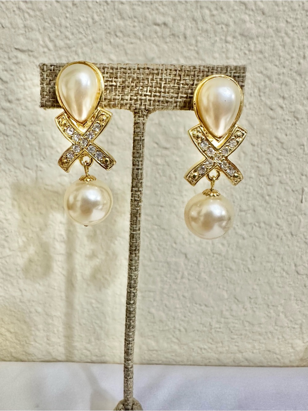 Vintage Gold-Plated Pearl Drop Earrings with Crystal X Detail